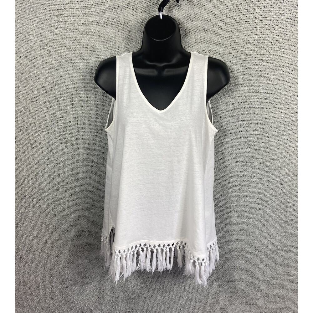 J Jill Fringe Tank Top Women’s M Petite White Cotton Linen Blend Boho Festival
